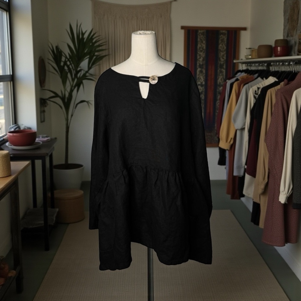Heart Desire Robin 100% Linen Black Long Sleeve Blouse In Xl